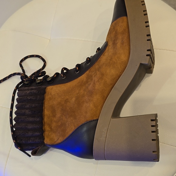 Chelsea & Violet Ziara high heel cognac Brown hiking Lug boots leather Zip Lace - Picture 6 of 8